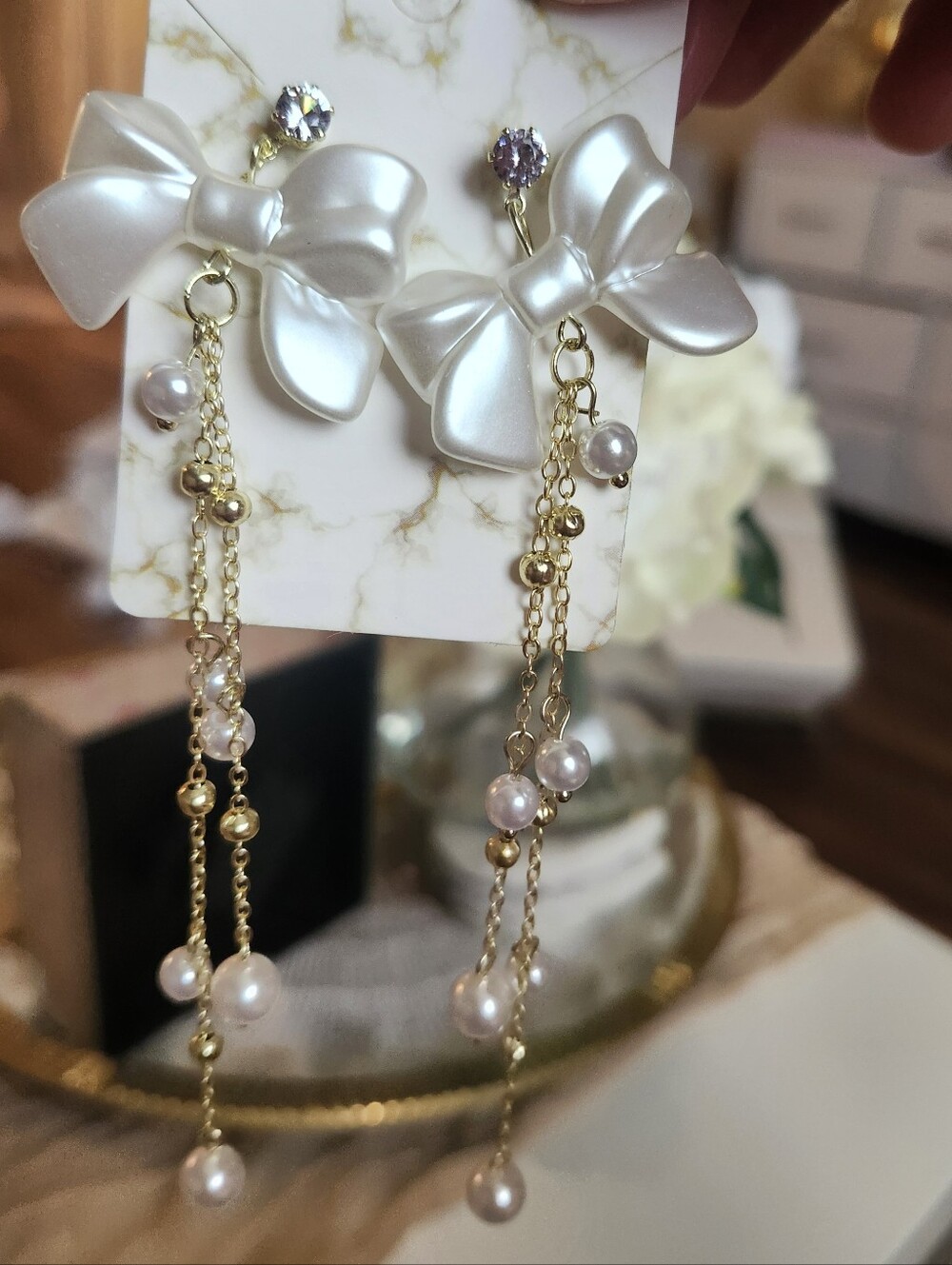 Elegant Pearl & Bow Drop Earrings - White